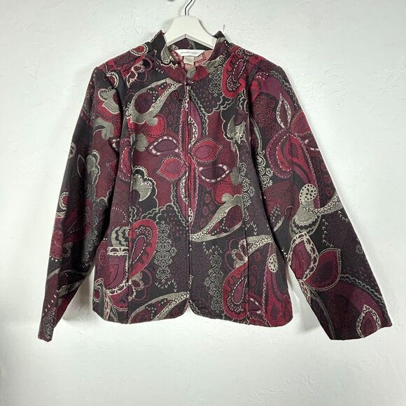 Christopher & Banks Jacquard Floral Tapestry Zip Front Jacket Large Burgundy New - Picture 1 of 8